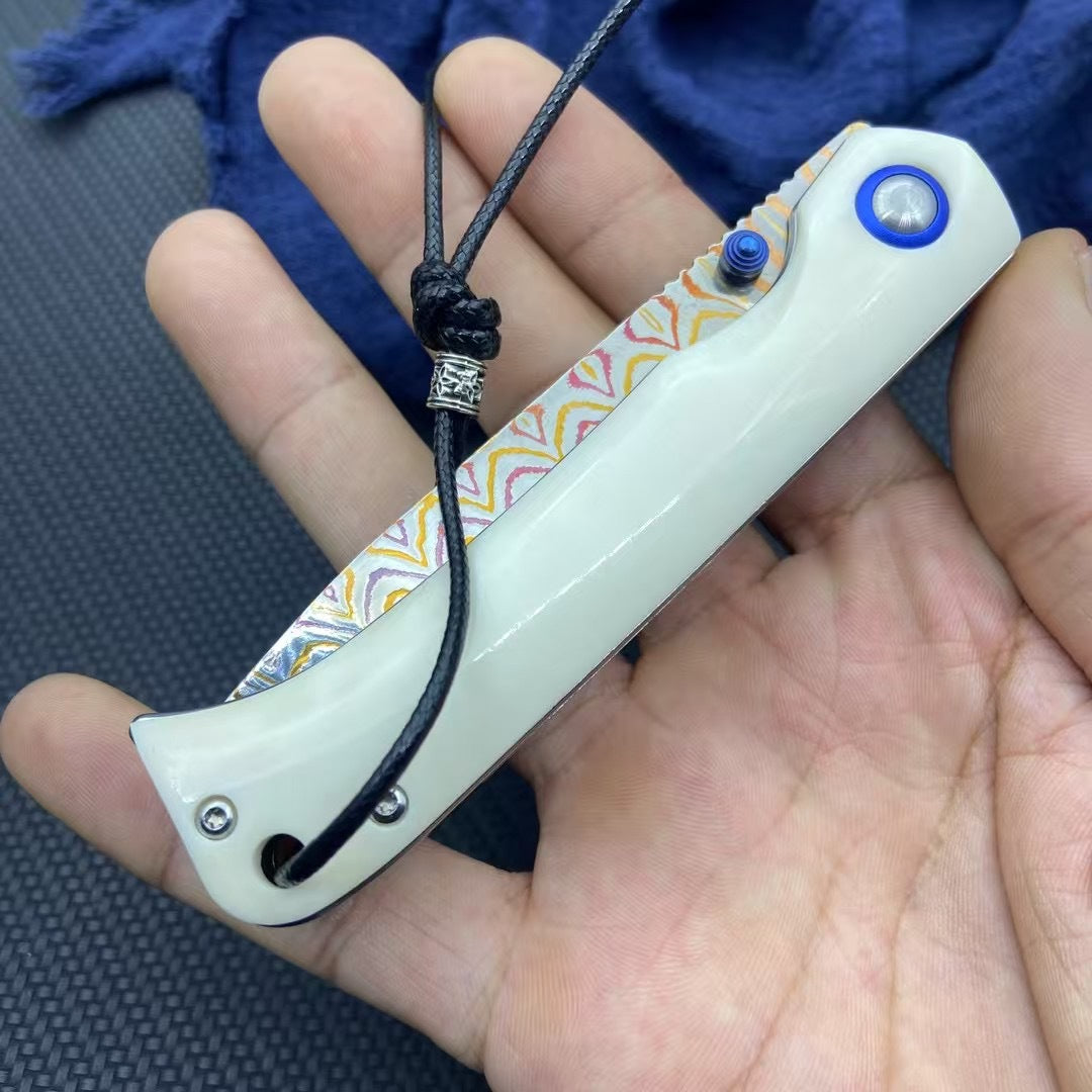 Damascus Steel Folding Pocket Knife with Polished Bone Handle