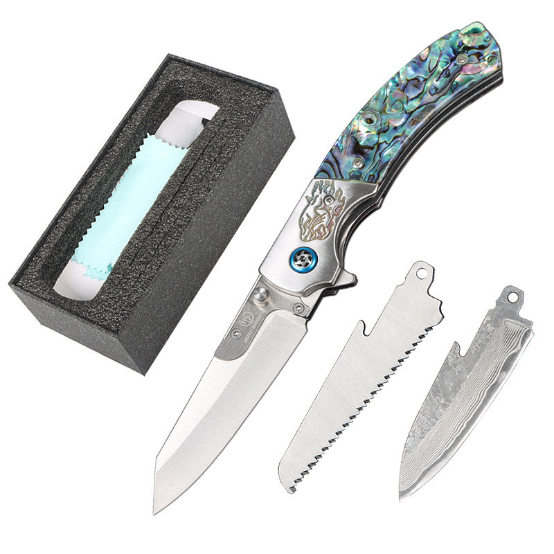 Premium Damascus Steel Folding Knife with Replaceable Blades & Abalone Shell Handle
