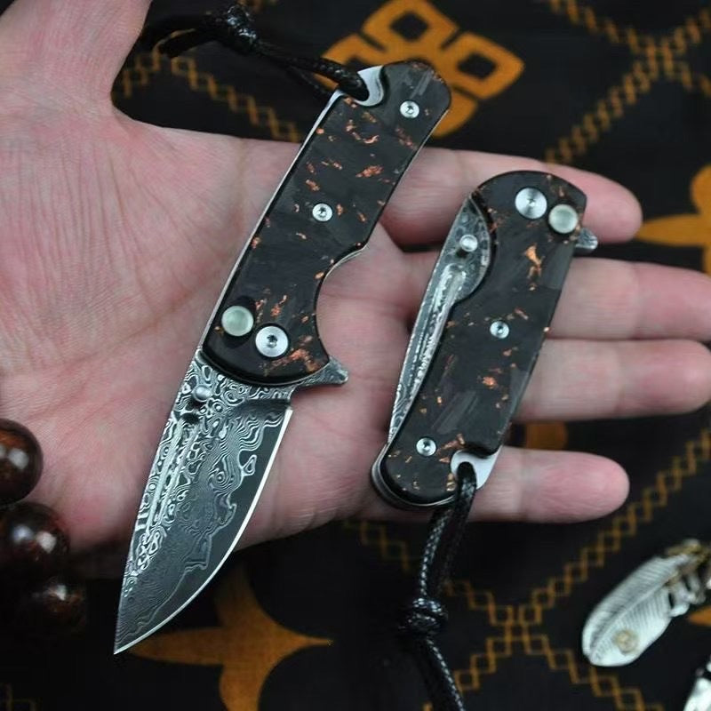 Damascus Steel Keychain Folding Knife – Button Lock Edition