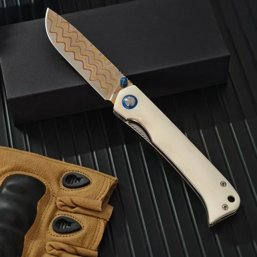 Damascus Steel Folding Pocket Knife with Polished Bone Handle