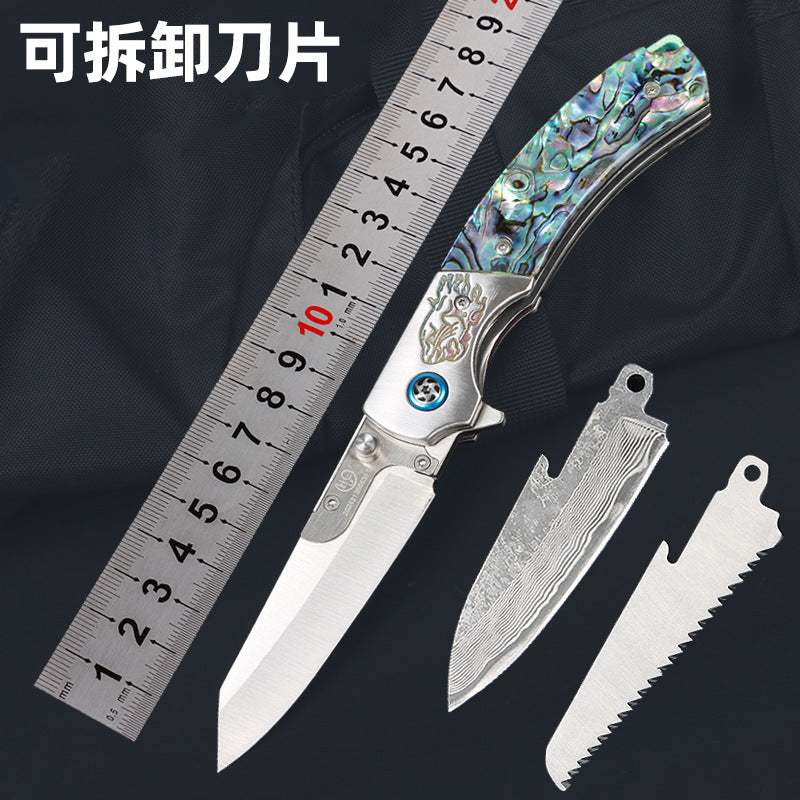 Premium Damascus Steel Folding Knife with Replaceable Blades & Abalone Shell Handle