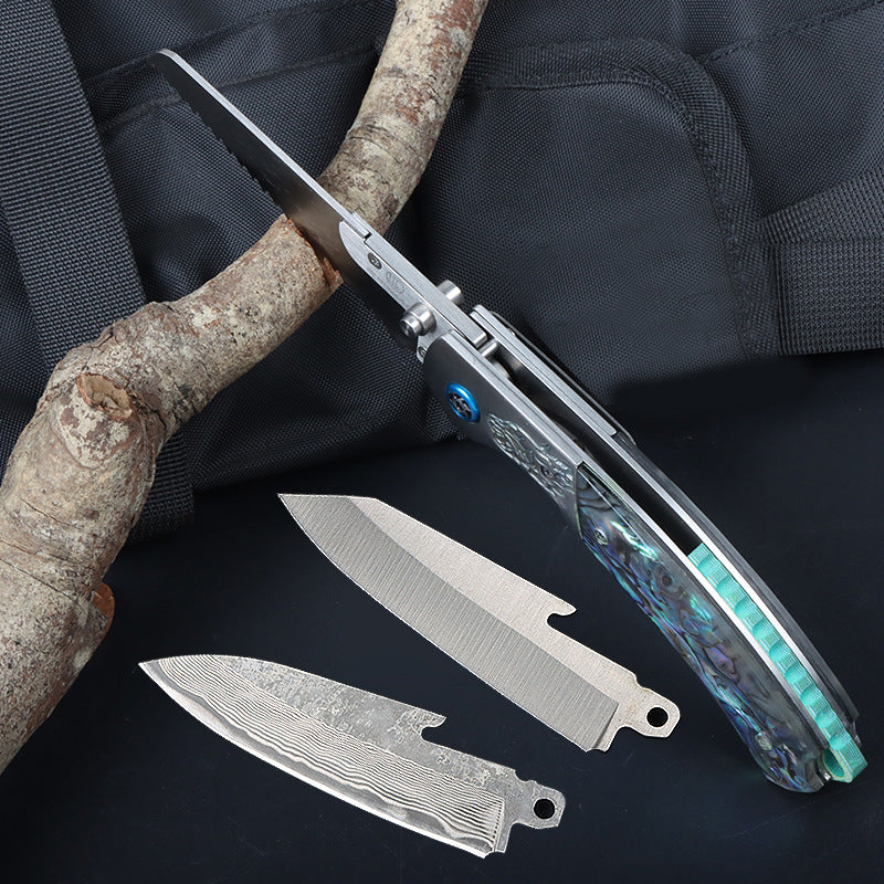 Premium Damascus Steel Folding Knife with Replaceable Blades & Abalone Shell Handle