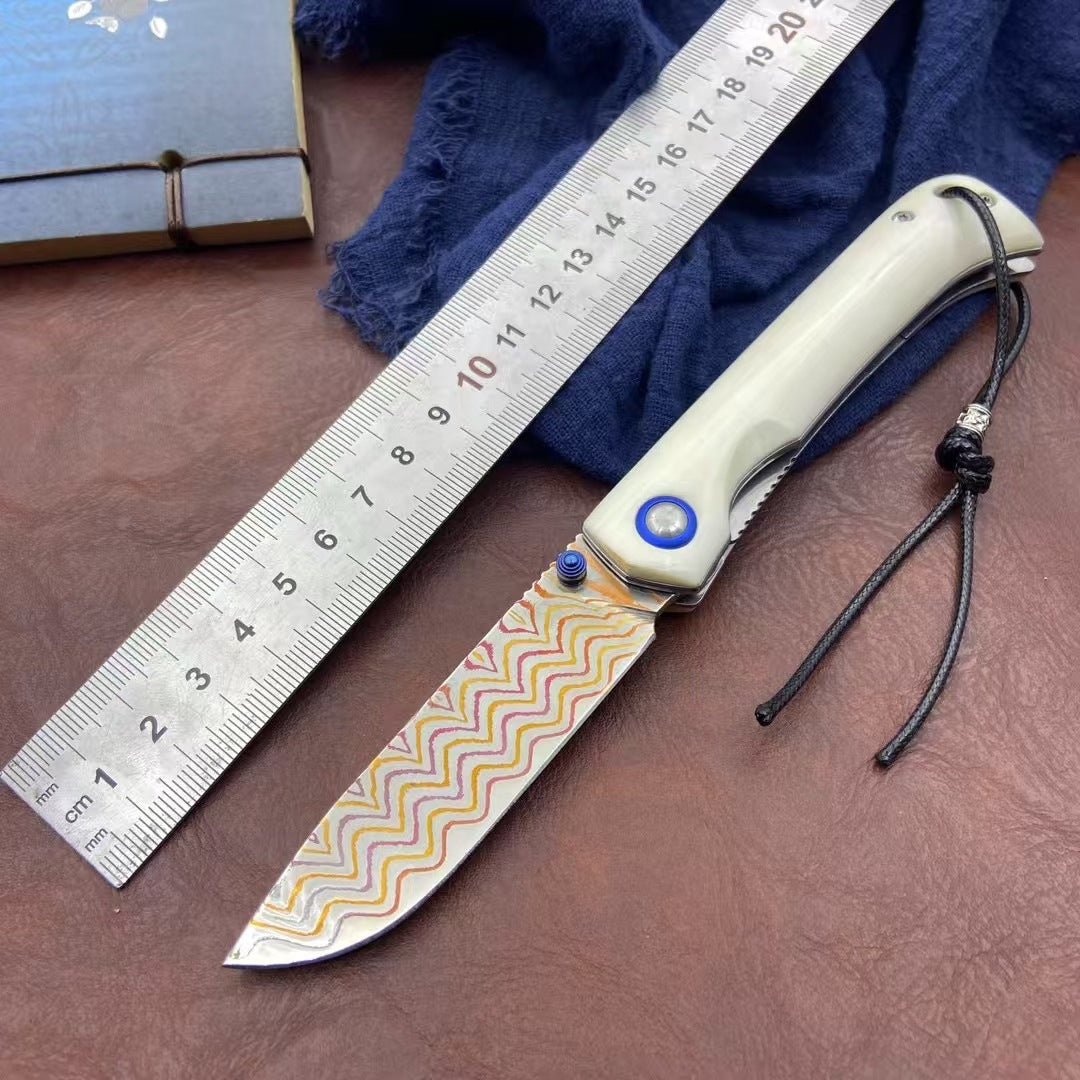 Damascus Steel Folding Pocket Knife with Polished Bone Handle