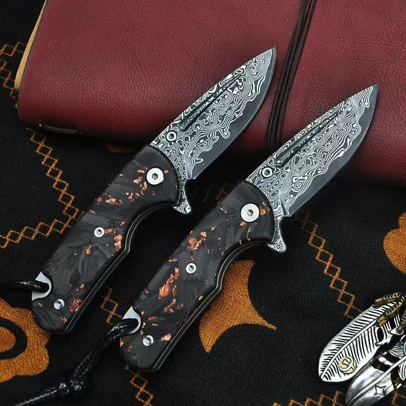 Damascus Steel Keychain Folding Knife – Button Lock Edition