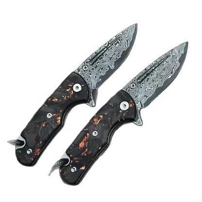 Damascus Steel Keychain Folding Knife – Button Lock Edition