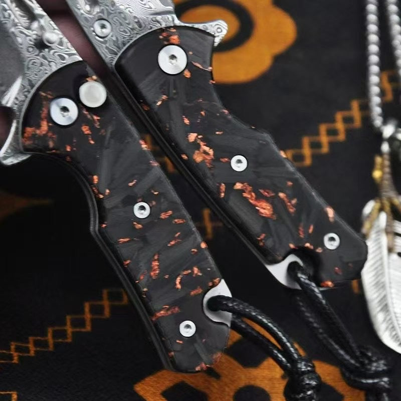 Damascus Steel Keychain Folding Knife – Button Lock Edition