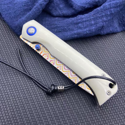 Damascus Steel Folding Pocket Knife with Polished Bone Handle