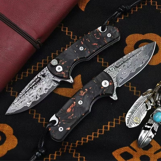 Damascus Steel Keychain Folding Knife – Button Lock Edition