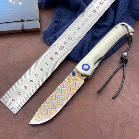 Damascus Steel Folding Pocket Knife with Polished Bone Handle