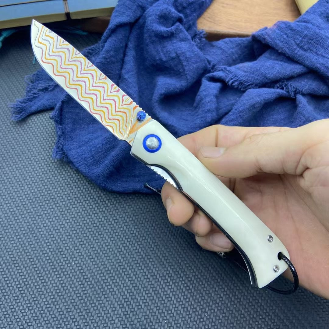 Damascus Steel Folding Pocket Knife with Polished Bone Handle